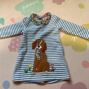 Baby Boden Blue Striped Dress with Dog Appliqué